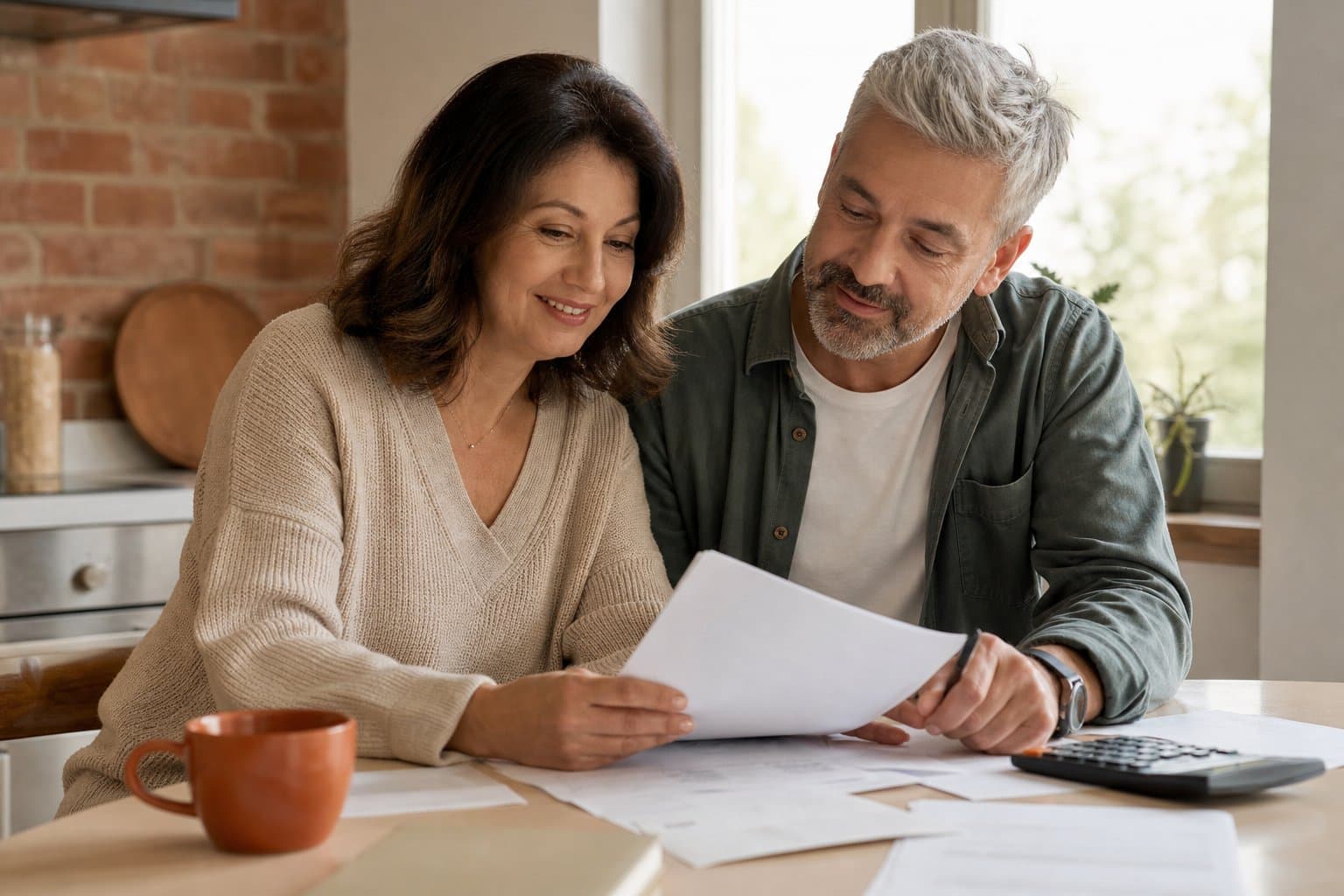 A couple reviewing their tax documents at a kitchen table